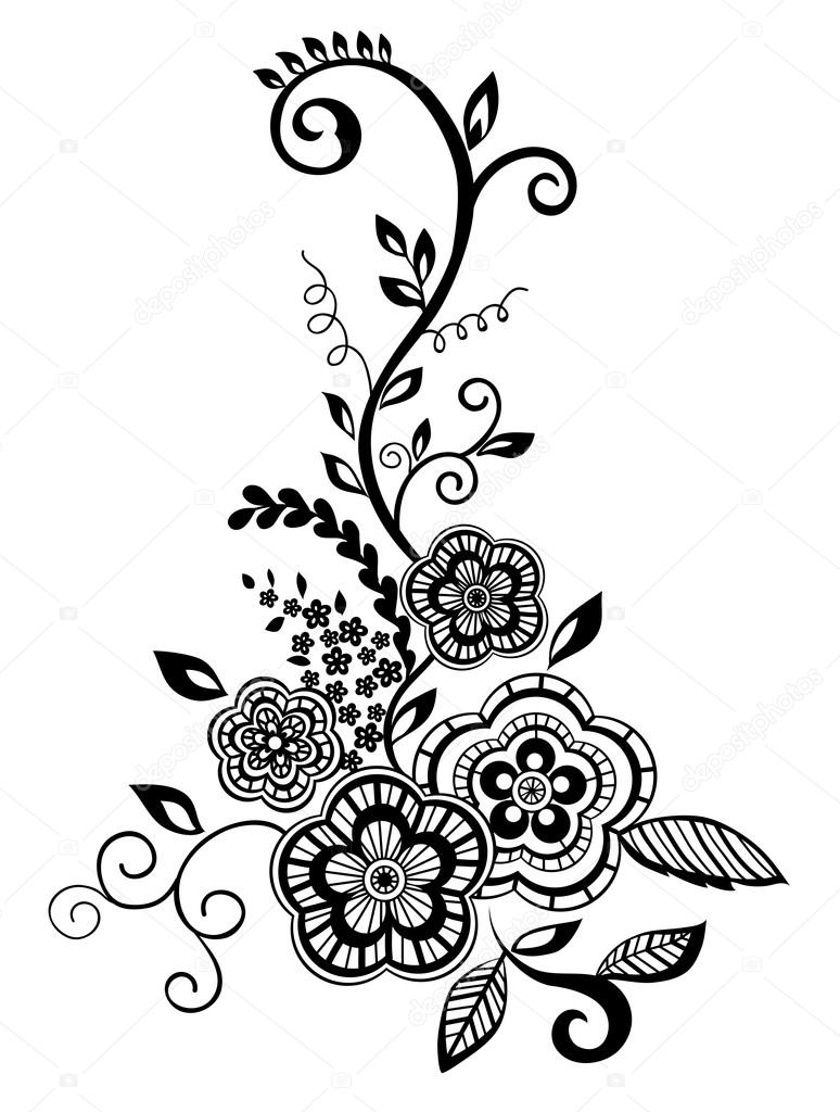Beautiful floral element. Black-and-white flowers and leaves design element with imitation guipure embroidery.