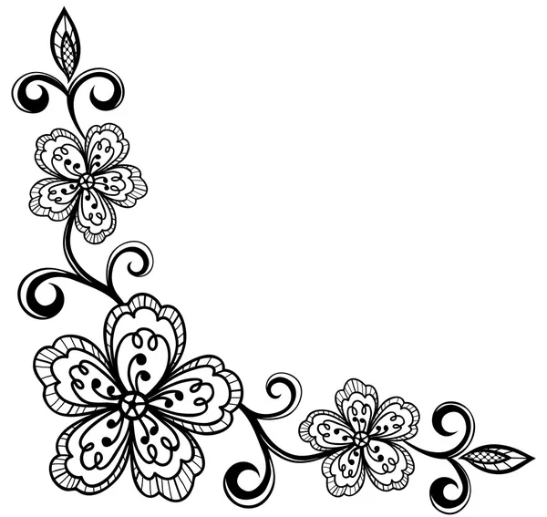 Corner ornamental lace flowers. black and white — Stock Vector