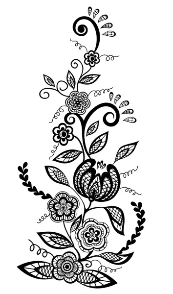 Beautiful floral element. Black-and-white flowers and leaves design element with imitation guipure embroidery. — Stock Vector