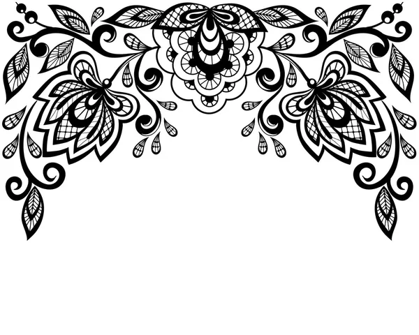 Flores y hojas de encaje blanco y negro aisladas en blanco — Vector de stock