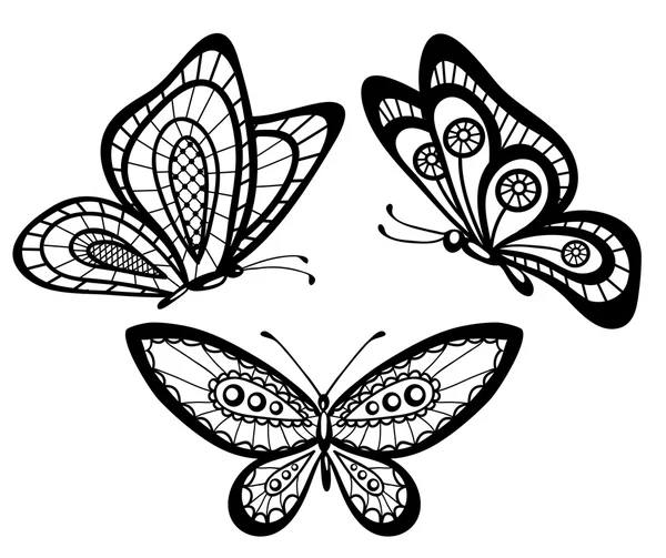 Set of beautiful black and white guipure lace butterflies — Stock Vector