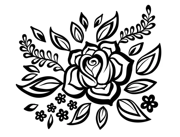 Beautiful floral element. Black-and-white flowers and leaves design element with imitation guipure embroidery. — Stock Vector