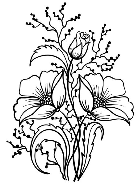 Arranjo de flores preto e branco. Desenho de esboço de linhas — Vetor de Stock