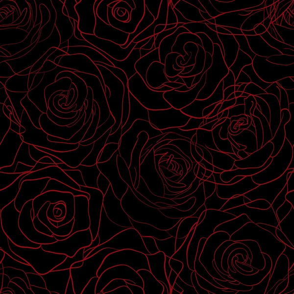 Bezešvé pattern červených růží na obrysy na černém pozadí — Stockový vektor