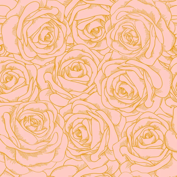 Beautiful seamless background of pink roses with a gold outline in vintage style — Stock Vector