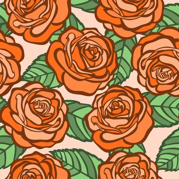 Seamless background. orange roses with green leaves in the old style — Stock Vector