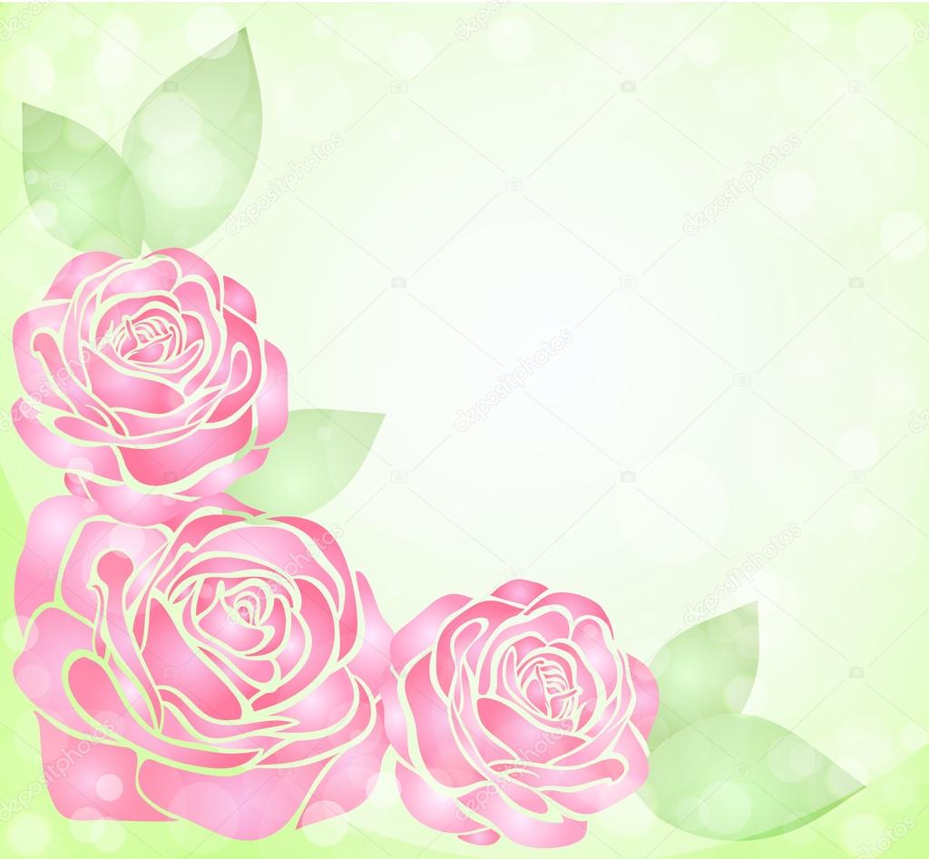 beautiful background with glitter and pink roses with leaves in the corner