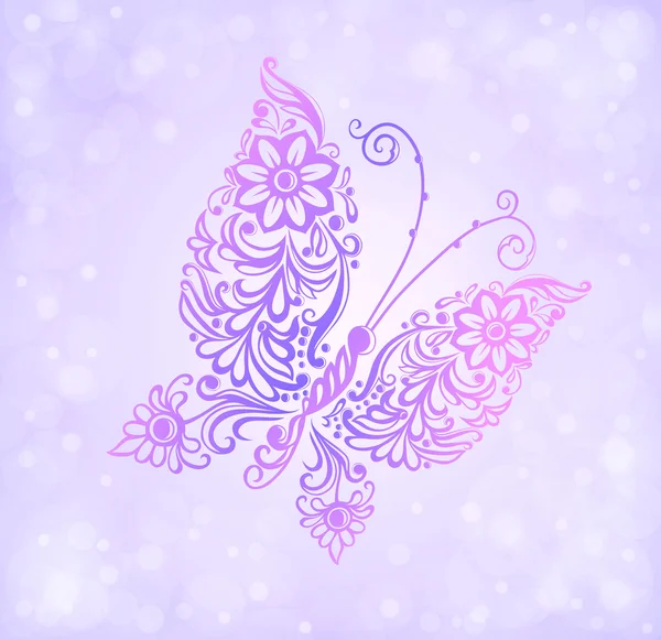 Beau papillon violet volant contre la brillance et bokeh — Image vectorielle