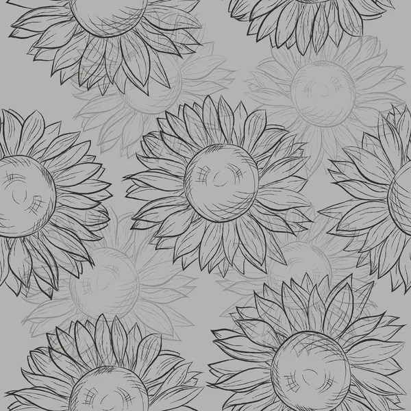 Schattig naadloze patroon met zonnebloemen. abstract grijs, zwart en wit. — Stockvector