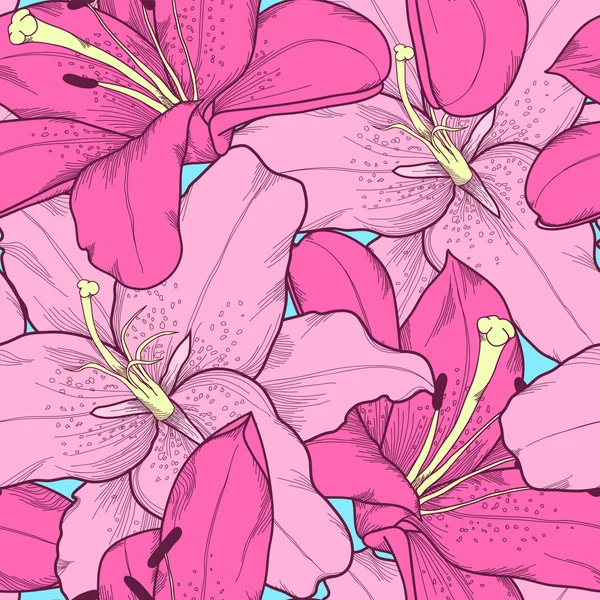 Hermoso fondo sin costuras con lirios rosados dibujo a mano . — Vector de stock