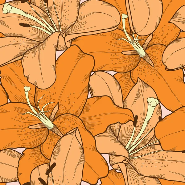 オレンジ色のユリ手図面と美しいシームレスな背景. — ストックベクタ
