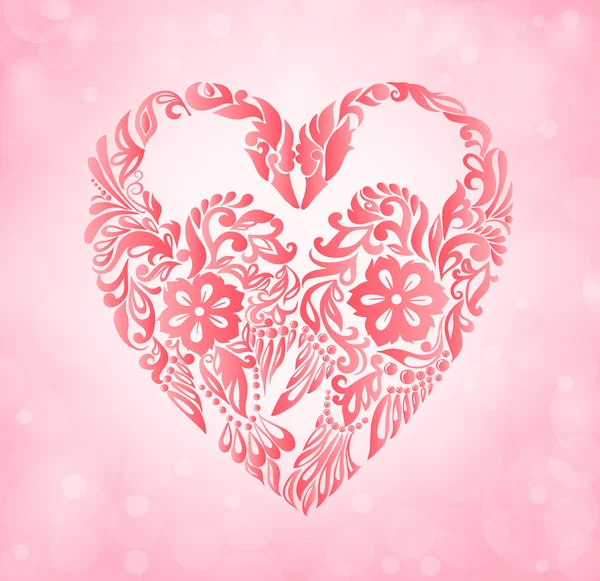 Zwei Schwäne in einer Blumensilhouette des Herzens. Hochzeitskarte mit Glitzer und Bokeh — Stockvektor