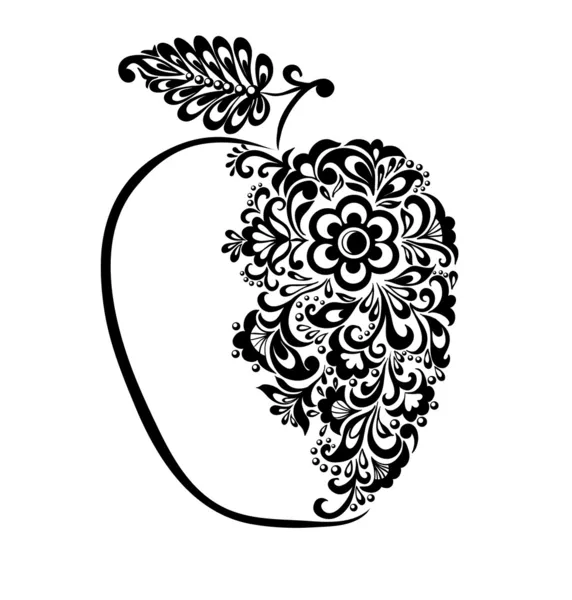 Hermosa manzana blanco y negro decorado con patrón floral . — Vector de stock