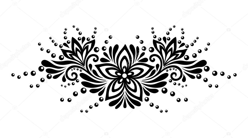 Black and white lace flowers and leaves isolated on white. Floral design element in retro style.