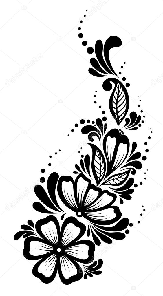 Beautiful floral element. Black-and-white flowers and leaves design element. Floral design element in retro style.