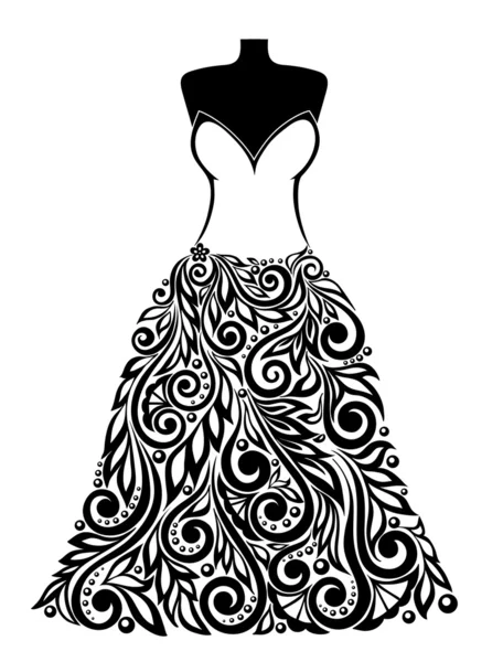 Силуэт красивого платья с цветочным элементом. Может использоваться для украшения свадебных открыток . — стоковый вектор