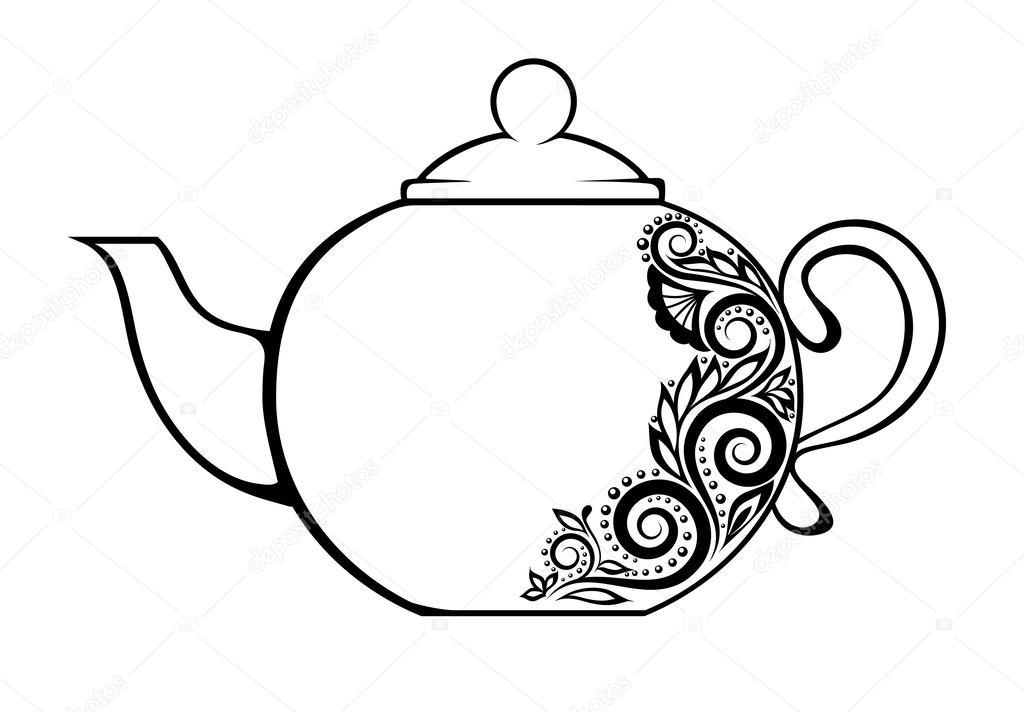 Beautiful teapot, decorated with black and white floral ornament