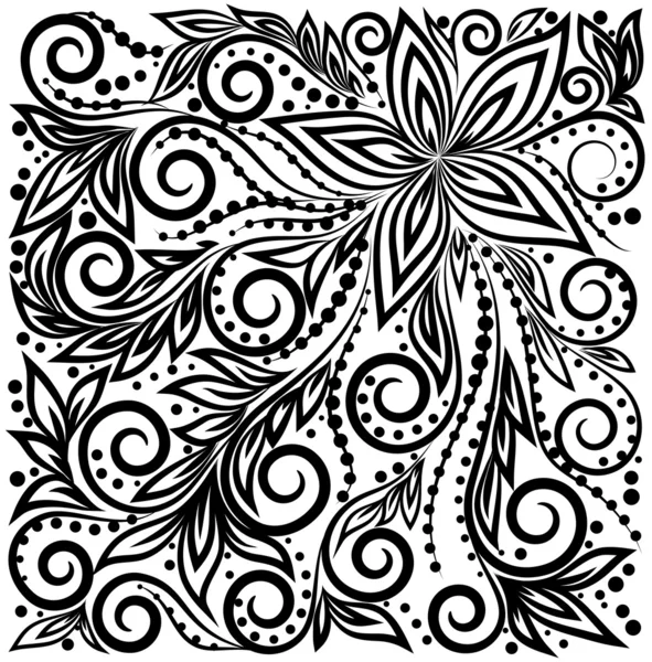 Διακοσμητικά γραφικού σγουρά φόντο με λουλούδια και φύλλα Μαυρόασπρο μοτίβο. — Διανυσματικό Αρχείο