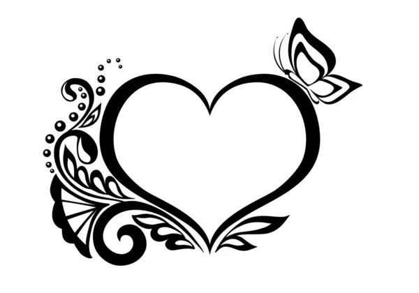 Zwart-wit symbool van een hart met bloemmotief en vlinder. — Stockvector