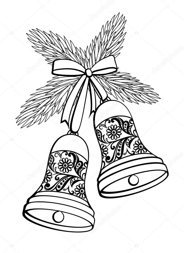 Black and white silhouette of a bell with a floral design. Hanging on a Christmas tree branch.