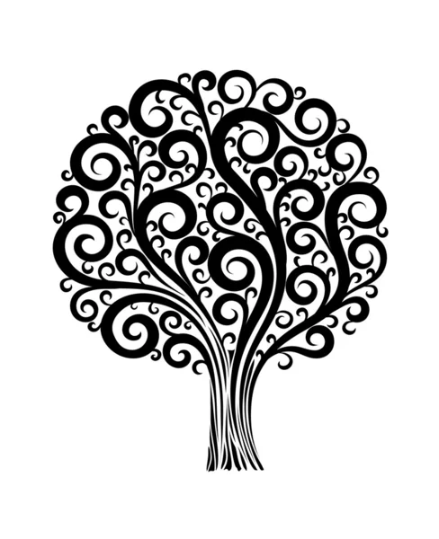 Schwarzer Baum im Blumenmuster mit Wirbeln und blüht auf weißem Hintergrund — Stockvektor