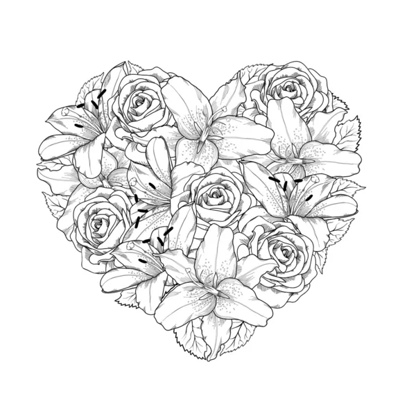 Όμορφη καρδιά διακοσμημένο με λουλούδια, τριαντάφυλλα και κρινάκια της μαύρο και άσπρο χρώμα. σύμβολο των διακοπών του μια ημέρα του Αγίου Βαλεντίνου — Διανυσματικό Αρχείο