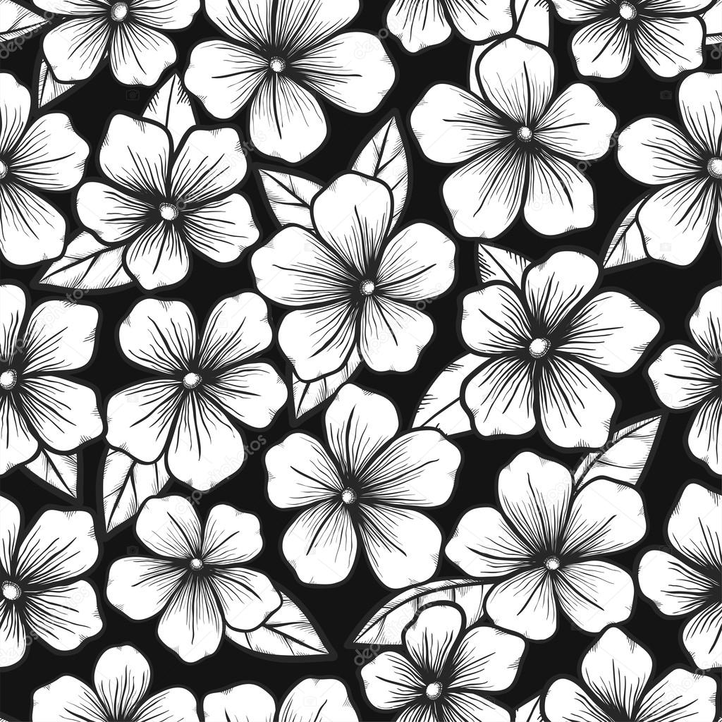 Beautiful black and white seamless background with graphic outline of flowers