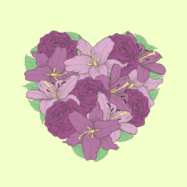 Un hermoso arreglo de flores, lirios y rosas en forma de corazón. Bonita postal de San Valentín . — Vector de stock