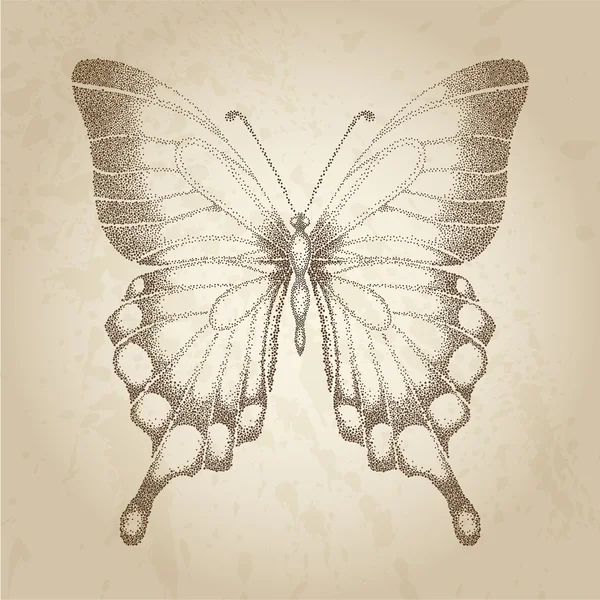Prachtige vlinder geschilderd in afbeeldingsstijl punten. mooie kaart in retro stijl — Stockvector