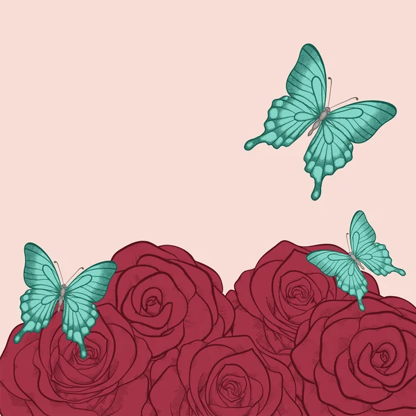 Hermoso fondo para tarjetas de felicitación y texto con mariposas y rosas en un estilo gráfico dibujado a mano en colores vintage — Archivo Imágenes Vectoriales