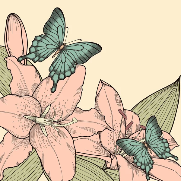 Hermoso fondo para una tarjeta con mariposas, lirios, hojas y brotes en un estilo gráfico dibujado a mano en colores vintage — Vector de stock