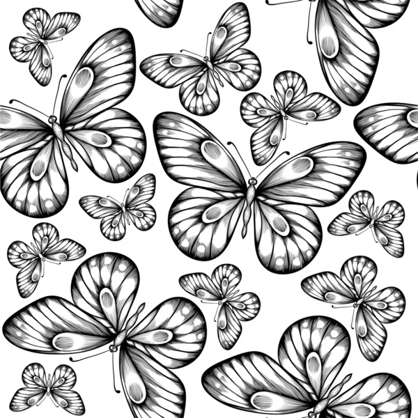 Beautiful seamless background of butterflies black and white colors. — Stock Vector