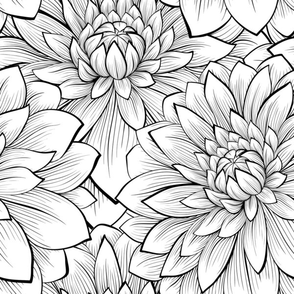 Beautiful seamless background with monochrome black and white flowers