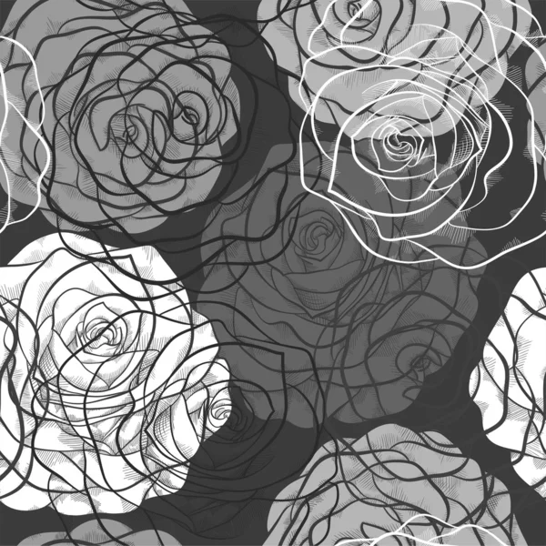 Belo padrão sem costura com rosas em um estilo gráfico desenhado à mão em cores preto-branco — Vetor de Stock