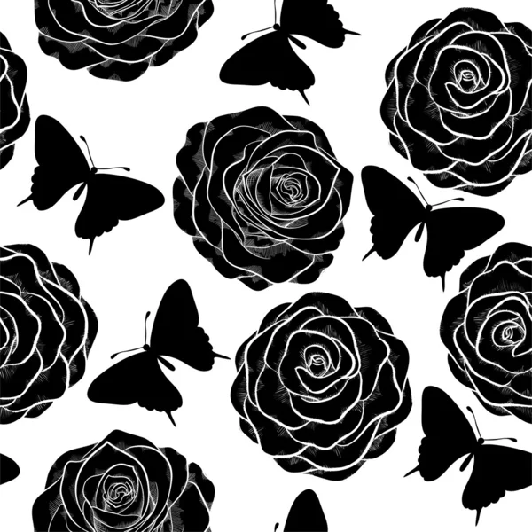 モノクロ黒と白の蝶やバラの美しいシームレスな背景. — ストックベクタ