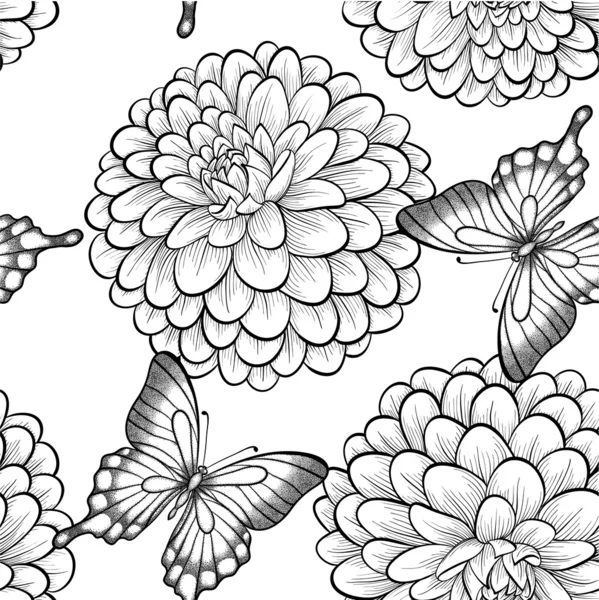 Bellissimo sfondo senza cuciture con farfalle monocromatiche in bianco e nero e dalie. Linee e tratti di contorno disegnati a mano . — Vettoriale Stock
