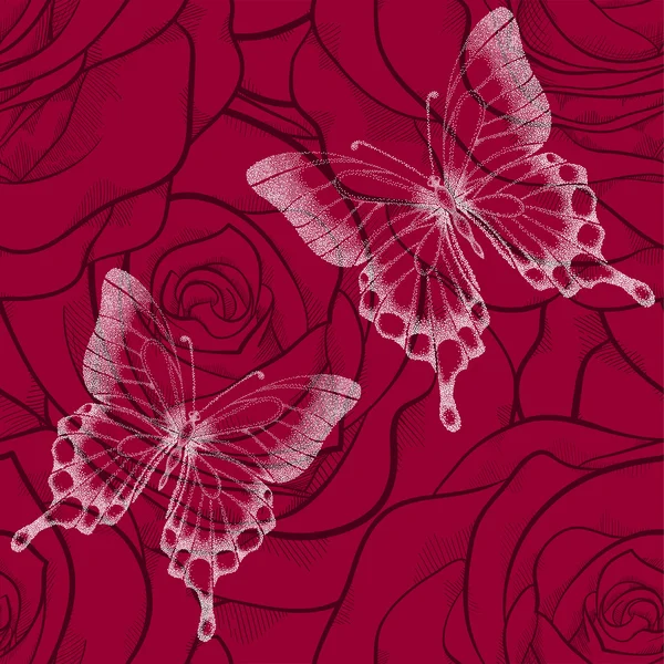 Όμορφη ομοιογενές φόντο με πεταλούδες και λουλούδια τριαντάφυλλα. χέρι διελκυνθεί ισοϋψείς καμπύλες και εγκεφαλικά επεισόδια. ιδανικό για φόντο ευχετήριες κάρτες και προσκλήσεις — Διανυσματικό Αρχείο