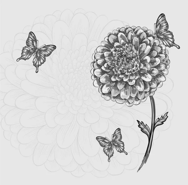 Hermosa flor en blanco y negro con mariposas — Vector de stock