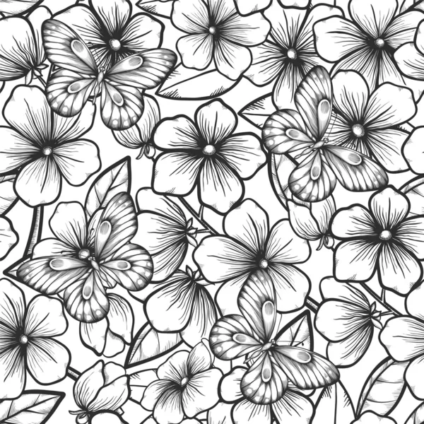 Hermoso fondo blanco y negro sin costuras con ramas de árboles con flores y mariposas . — Archivo Imágenes Vectoriales