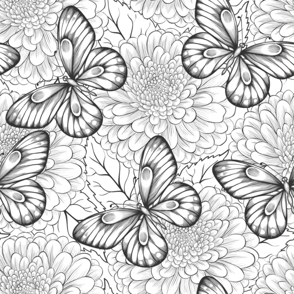 Beautiful black and white seamless pattern with flowers and butterflies — Stock Vector