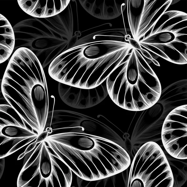 Hermoso fondo monocromo blanco y negro sin costuras con mariposas voladoras — Archivo Imágenes Vectoriales