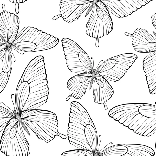 Beautiful seamless background of butterflies black and white colors. Hand-drawn contour lines and strokes. — Stock Vector