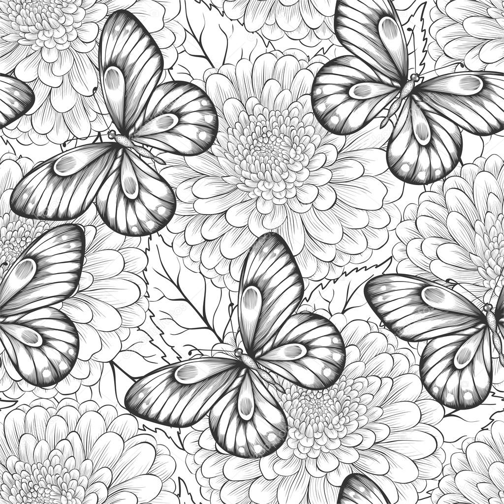 beautiful black and white seamless pattern with flowers and butterflies