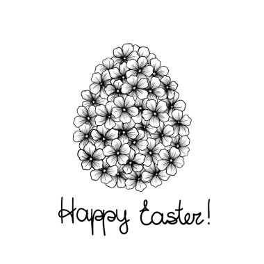 yumurta şeklinde çiçek grafiklerle güzel tek renkli siyah beyaz Paskalya tebrik kartı