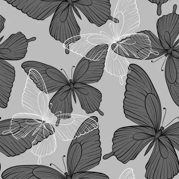 蝶の飛翔と美しいモノクロ黒と白いシームレスな背景 — ストックベクタ