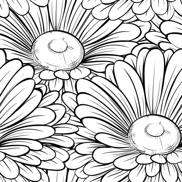 Hermoso fondo sin costuras con flores monocromas en blanco y negro. Líneas de contorno y trazos dibujados a mano . — Vector de stock