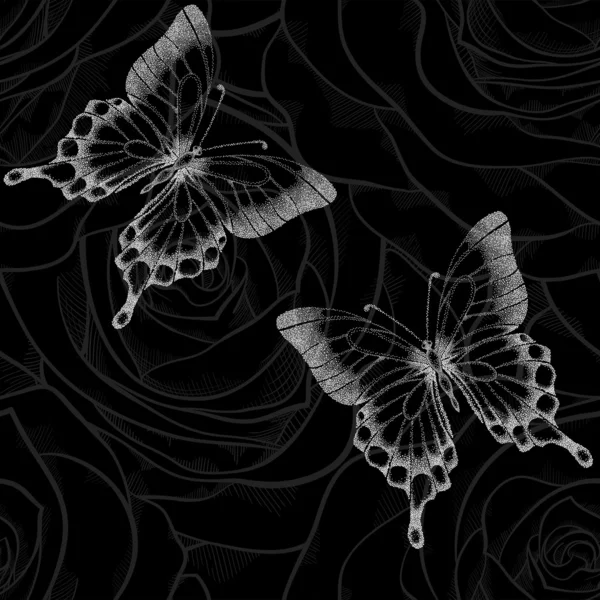 Beautiful monochrome black and white seamless background with butterflies and flowers roses Royalty Free Stock Illustrations