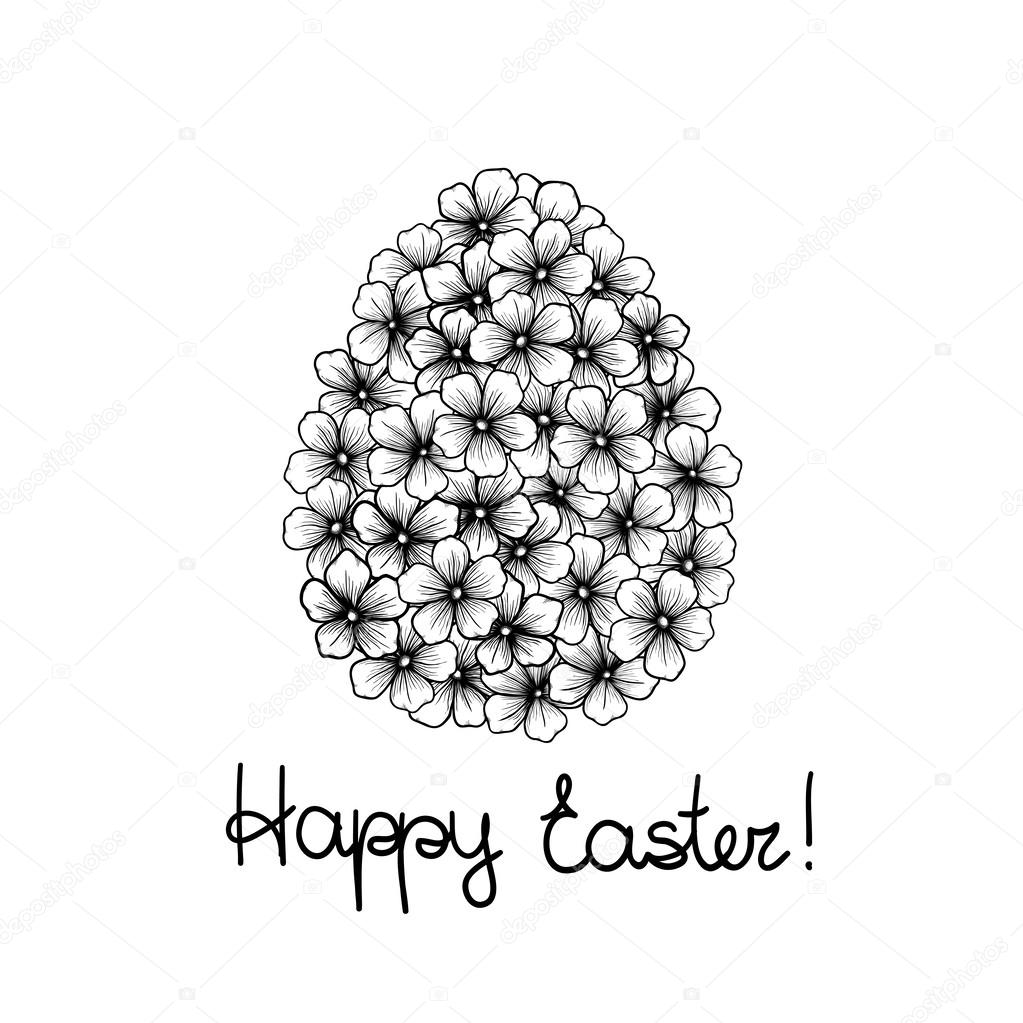 beautiful monochrome black and white Easter greeting card with flowers graphics in the form of eggs