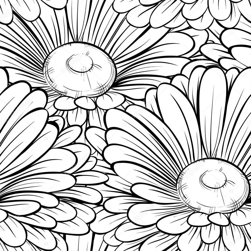 Beautiful seamless background with monochrome black and white flowers. Hand-drawn contour lines and strokes.