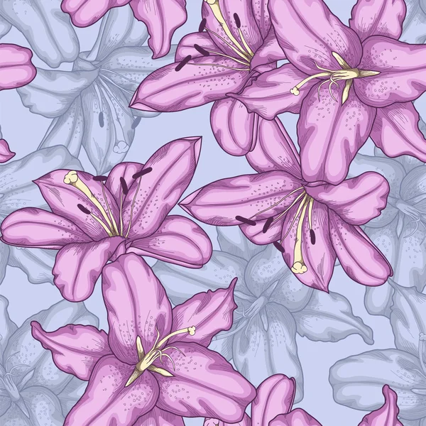 Fondo sin costuras con lirios violetas . — Vector de stock